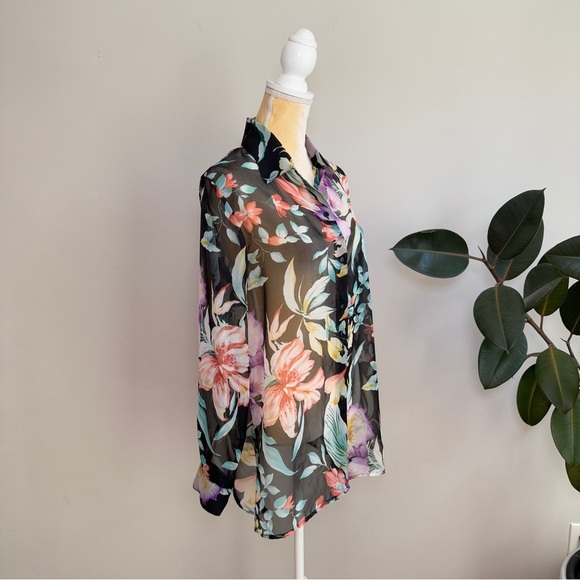 Notations sheer floral button down top - Picture 2 of 4